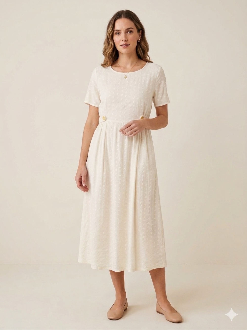 April Cornell Sz L White Floral Embroidered Cottagecore Feminine Midi Dress